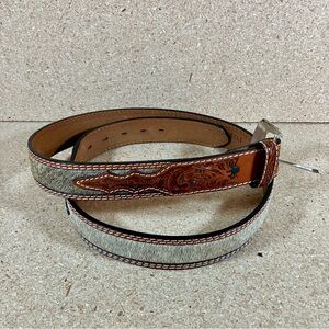 DDD 3D Hand Tooled Western Belt Size 44 Leather Silver Buckle Hair Inlay EUC